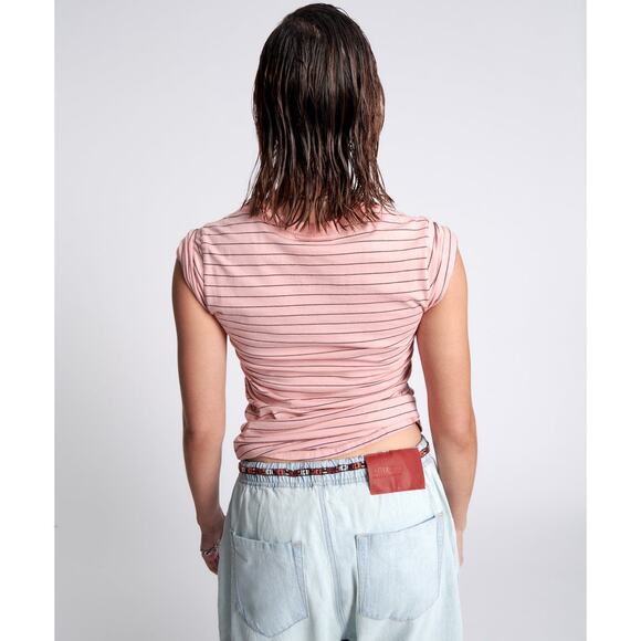 ONE TEASPOON Pink Striped Bower Bird Embroidered Logo Fitted T-Shirt NWT Size M - Picture 2 of 8